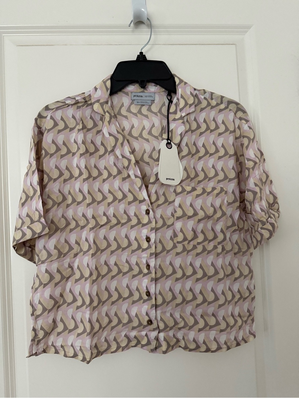 Prana Iguala Short Sleeve Button-Front Top in Pink and Beige Geometric Print